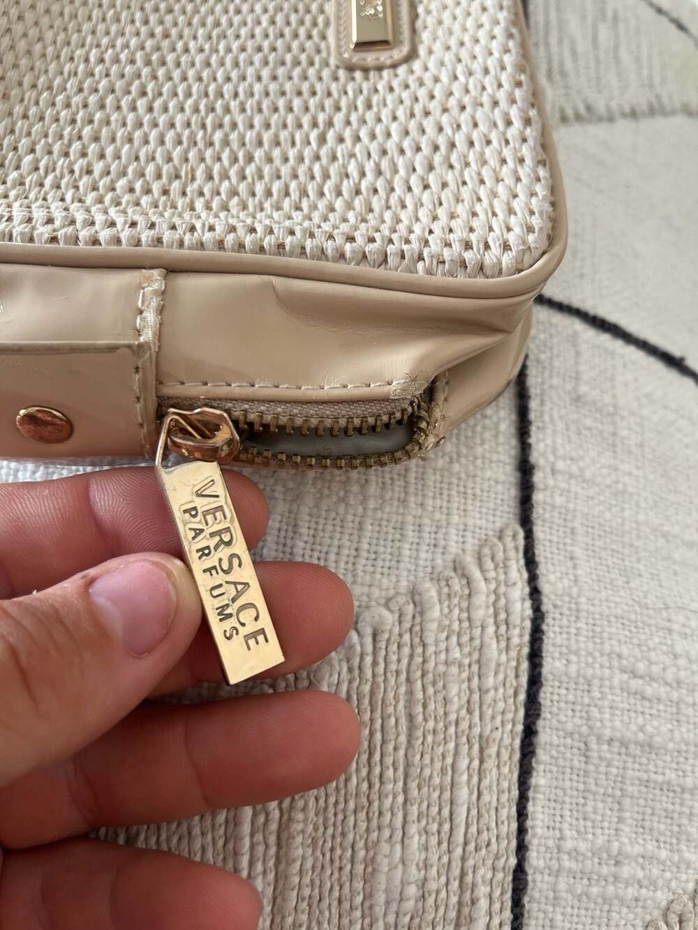 Versace Parfums Beige Woven Straw and Patent Leather Cosmetic Pouch Vanity Bag